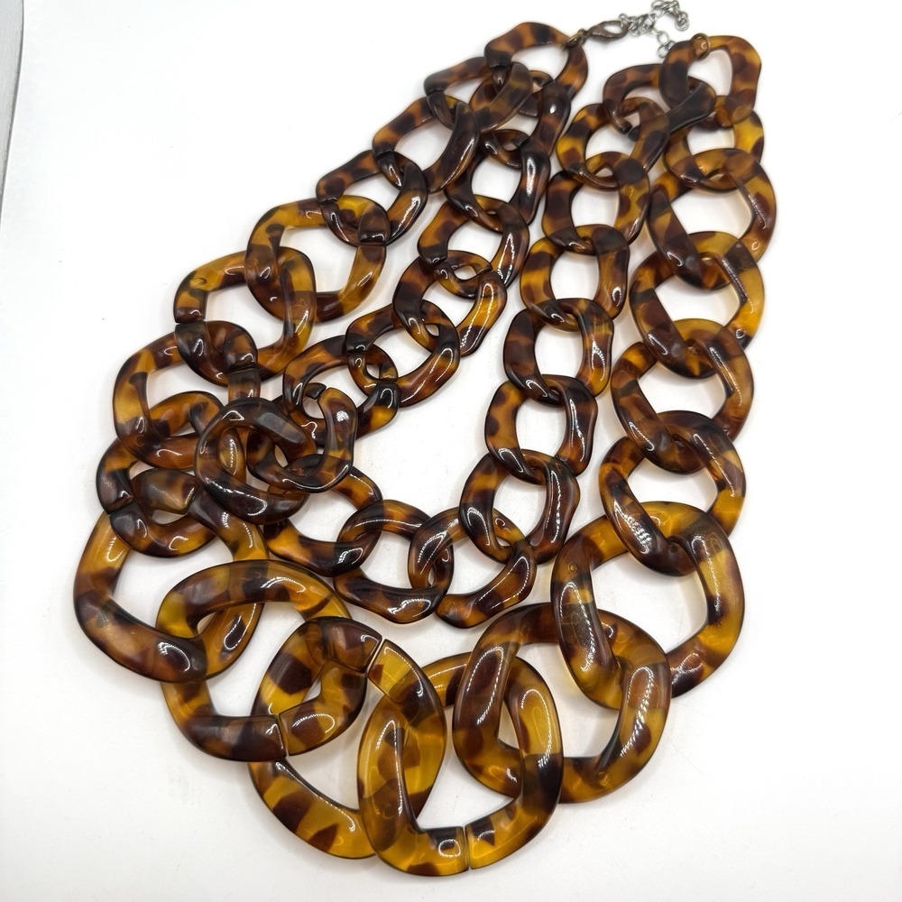 Chunky Brown Faux Tortoiseshell Link Lucite Necklace Double Strand 80s Style 17"
